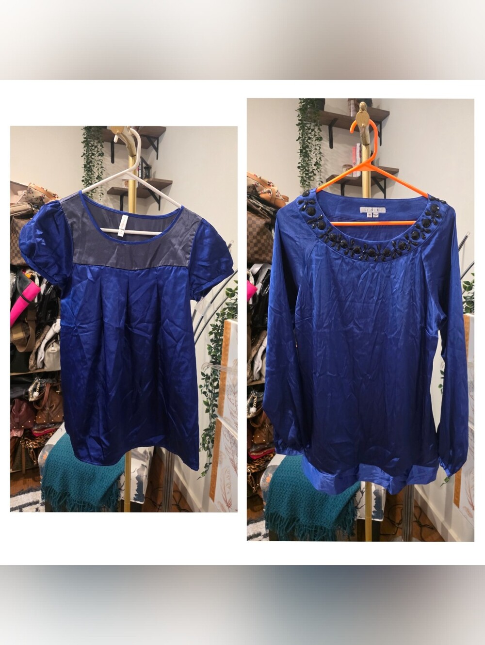 Vintage Satin Puff Sleeve Tunic in Royal Blue with Charcoal Yoke Set